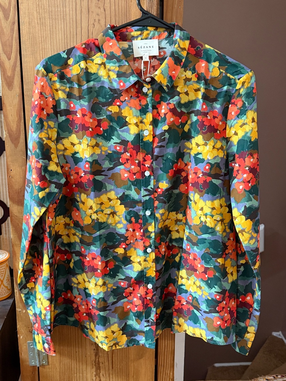Sezane Floral Button-Down Shirt in Red, Yellow, Green